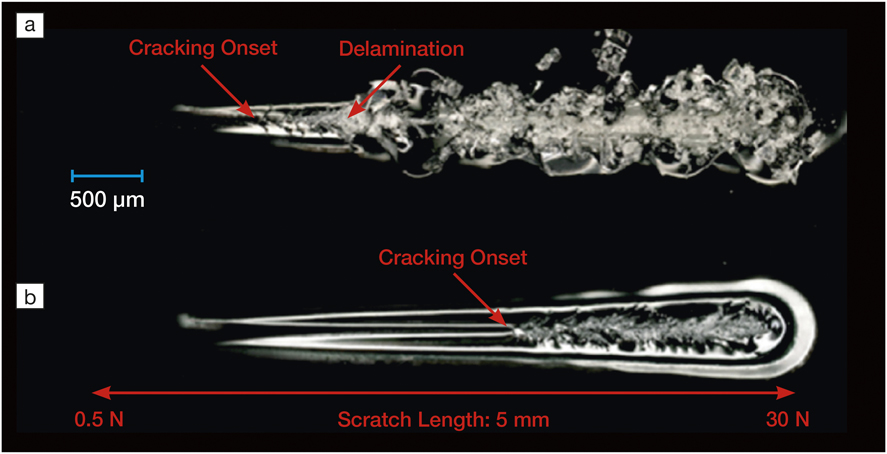 Optical micrographs of scratch patterns - see caption