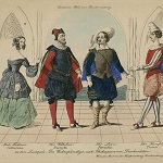 Schoeller, Johann Christian, artist. Costume Bild zur Theaterzeitung, Mad. Fichtner, Catharina, Hr. Wilhemi, Baptista, Hr. Löwe, Petruchio, Hr. Herzfeld, Tramio, in dem Lustspiele Die Widerspänstige [i.e. Taming of the shrew] nach Schákespeare von Deinhardstein. Schoeller, del. ; And. Geiger, sc. Vienna: Andreaws Geier, printmaker, late eighteenth to mid-nineteenth century. - opens in new tab