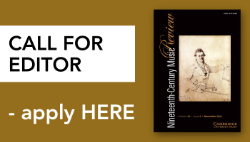Brown button with NCM cover featuring a sketched image of a composer and text that says Call For Editor - apply HERE
