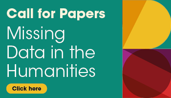 Yellow block with multicoloured Bauhaus-style pattern, against a green block with two tones of yellow text that says Call for Papers: Missing Data in the Humanities