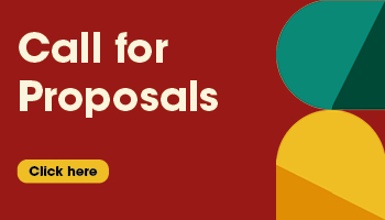 Graphic with a 'Call for Proposals' headline in white text on a red background, featuring a clickable button labeled 'Click here' and abstract colorful shapes on the right side.